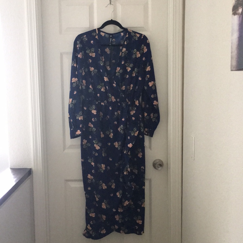 Navy floral faux wrap dress with ruffle detail